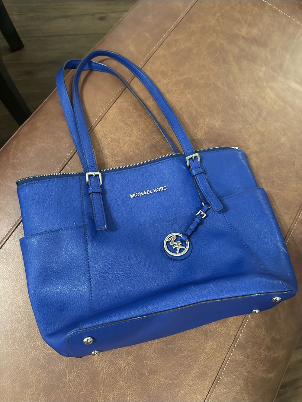 Michael Kors Electric Blue Leather Tote with Logo Charm